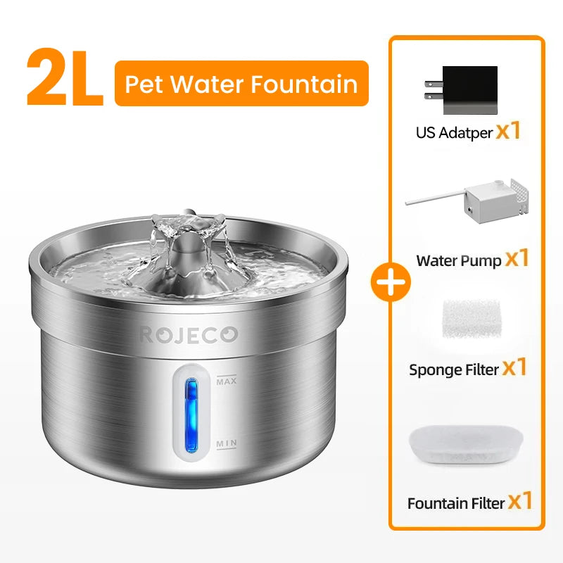 ROJECO Automatic Cat Water Fountain Stainless Steel Pet Water Dispenser Rechargeable Cat Drinker with Pump Dog Drinking Filter