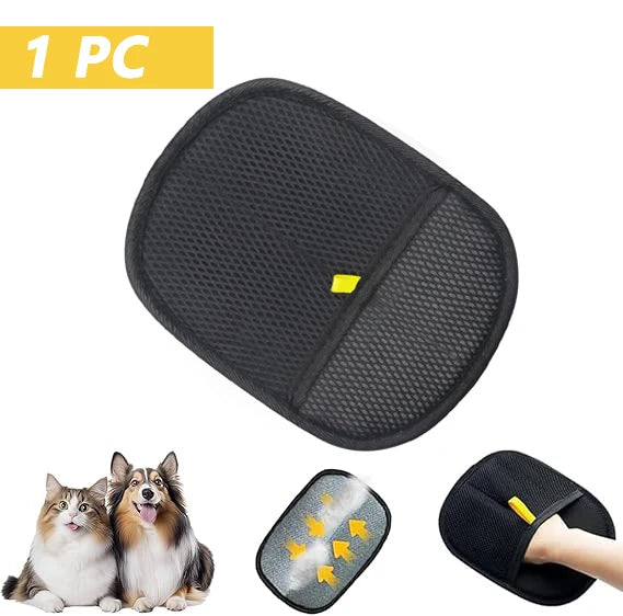 Hands wearing reusable pet hair removal gloves grooming golden retriever
