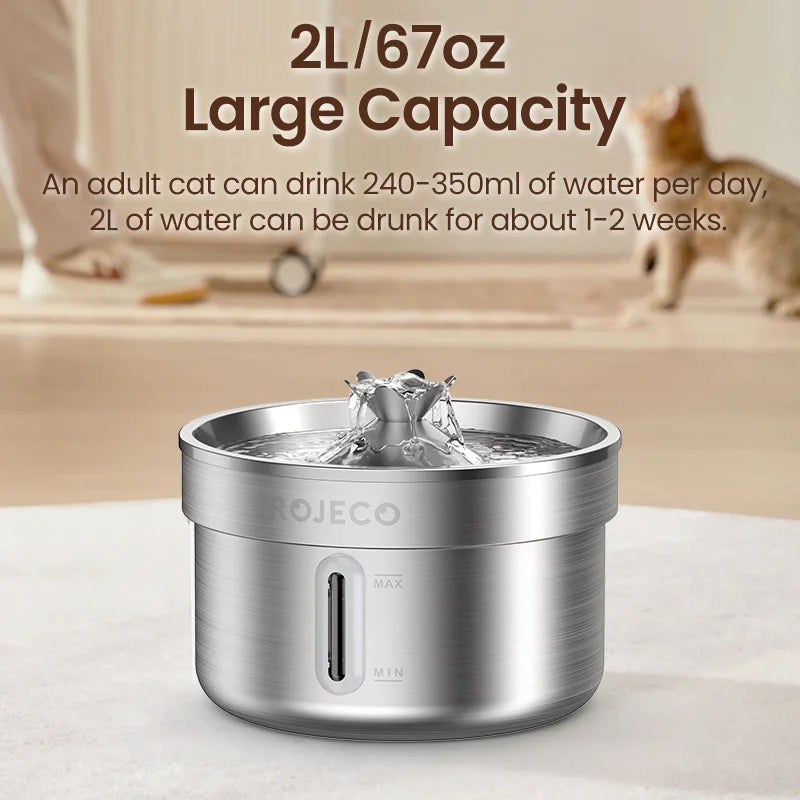 ROJECO Automatic Cat Water Fountain Stainless Steel Pet Water Dispenser Rechargeable Cat Drinker with Pump Dog Drinking Filter